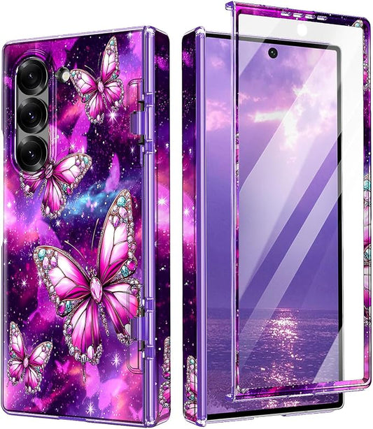Btscase for Samsung Galaxy Z Fold 6 Case,Built in Front Screen Protector,Gold Glitter Marble Pattern Hard PC Slim Shockproof Full Body Drop Protective Case for Galaxy Z Fold 6 5G, Dreamy Purple