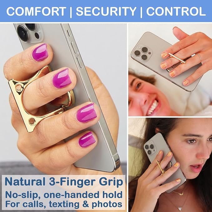 Patented 3-Finger Phone Grip & Stand - Comfortable & Secure Loop Holder for iPhone & Android - Ultra-Slim Zinc Alloy - Magnetic Mount Ready - Cell Phone Ring Alternative [Gold]