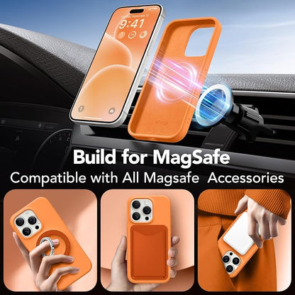 GONEZ Magnetic for iPhone 15 Pro Case, Compatible with MagSafe, [Screen Protector + Camera Lens Protector], Silicone Shockproof Anti-Scratch Protective Phone Case 6.1 inch, Orange