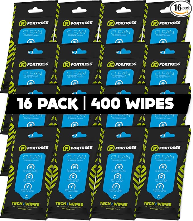 Fortress Electronic Wipes (25 ct, Pack of 16) To-Go Tech Wipes for Screens, Phones, Keyboards, TV Monitors, Computer Screens, and More [Travel Size] Skin-Safe