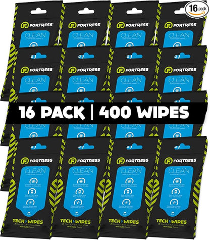 Fortress Electronic Wipes (25 ct, Pack of 16) To-Go Tech Wipes for Screens, Phones, Keyboards, TV Monitors, Computer Screens, and More [Travel Size] Skin-Safe