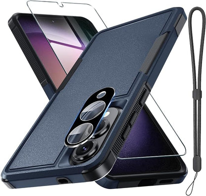 RMOCR Case for Samsung Galaxy S25 Edge, Full Body Heavy Duty Rugged Shockproof Protective Phone Cover with Lanyard Strap, Tempered Glass Screen Protector and Camera Lens Cover, Navy Blue