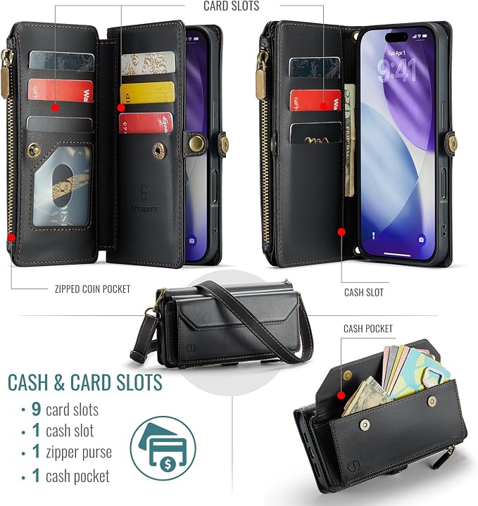 Strapurs Wallet Case Compatible with iPhone 17 Pro 6.3" RFID Blocking 9-Card Holder Soft PU Leather Magnetic Snap Shoulder Strap Zipper Pocket Phone Case Fit for iPhone 17 Pro for Women - Black