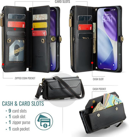 Strapurs Wallet Case Compatible with iPhone 17 Pro 6.3" RFID Blocking 9-Card Holder Soft PU Leather Magnetic Snap Shoulder Strap Zipper Pocket Phone Case Fit for iPhone 17 Pro for Women - Black