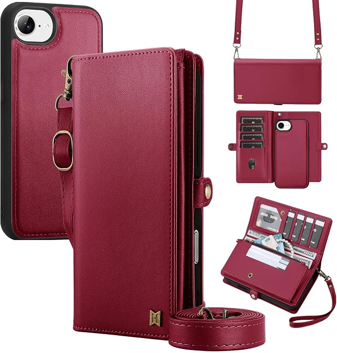for Wallet Case Compatible with iPhone 16e /17e,Multi-Function Detachable 2 in 1 Magnetic iPhone 16e/17e Case Wallet,Flip Strap Zipper Card Holder Phone Case with Shoulder Straps (Red)