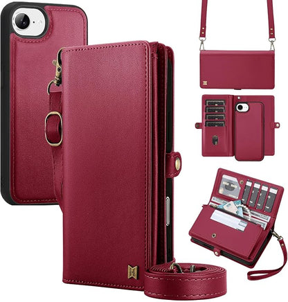 for Wallet Case Compatible with iPhone 16e /17e,Multi-Function Detachable 2 in 1 Magnetic iPhone 16e/17e Case Wallet,Flip Strap Zipper Card Holder Phone Case with Shoulder Straps (Red)