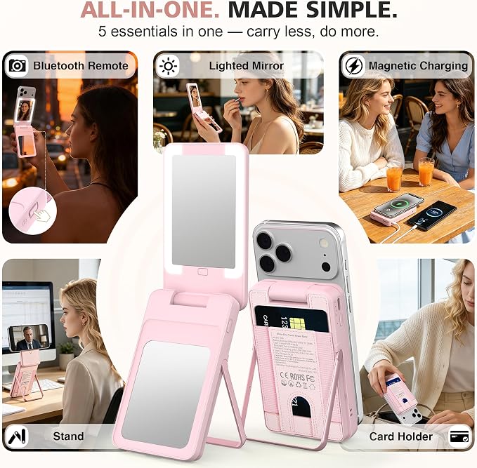Magnetic Wireless Power Bank 5-in-1, 5000mAh Portable Charger with LED Mirror, Phone Stand, Card Holder & Bluetooth Remote, 20W Fast Charging for iPhone & Android, Travel Essential for Women