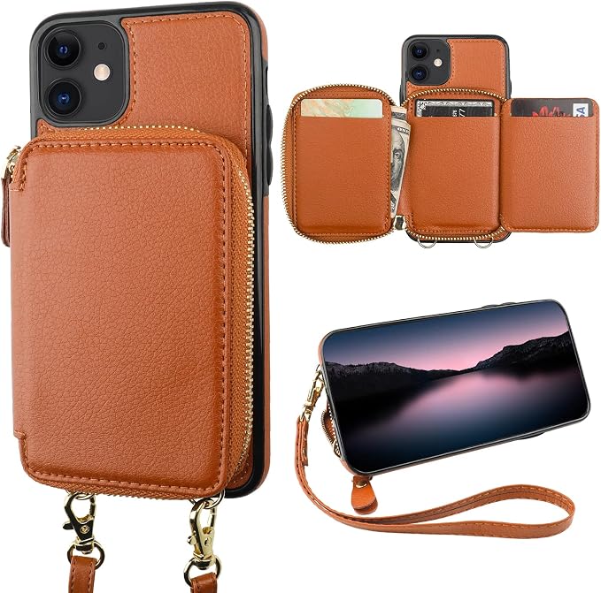Bocasal RFID Blocking Wallet Case for iPhone 11, Adjustable Crossbody Zipper Purse Case Card Holder with Kickstand Detachable Wrist Strap, PU Leather Flip Folio Case 6.1 Inch (Brown)