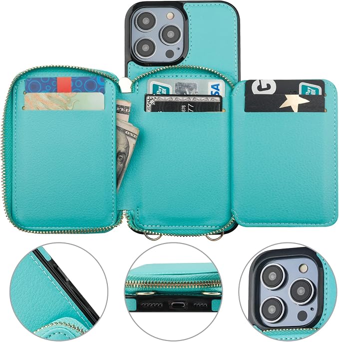 Bocasal RFID Blocking Wallet Case for iPhone 14 Pro Max, Adjustable Crossbody Zipper Purse with Kickstand and Detachable Wrist Strap, PU Leather Flip Folio Case 6.7 Inch 5G (Mint Green)