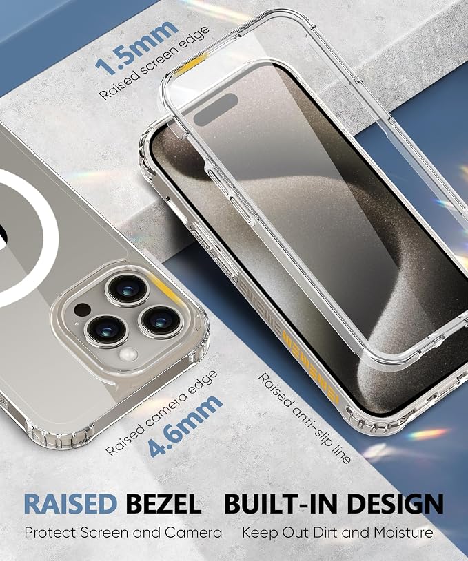 Compatible with iPhone 15 Pro Case Clear, Built-in Screen Protector, with Camera Lens Protector, [Compatible with MagSafe] Full Body Phone Case, Protective Cover for 15Pro 6.1" (Clear)