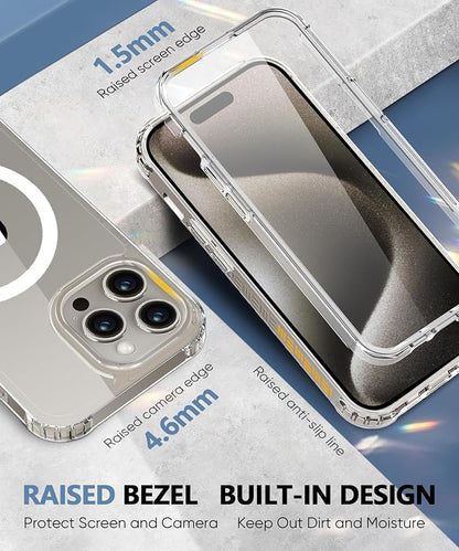Compatible with iPhone 15 Pro Case Clear, Built-in Screen Protector, with Camera Lens Protector, [Compatible with MagSafe] Full Body Phone Case, Protective Cover for 15Pro 6.1" (Clear)