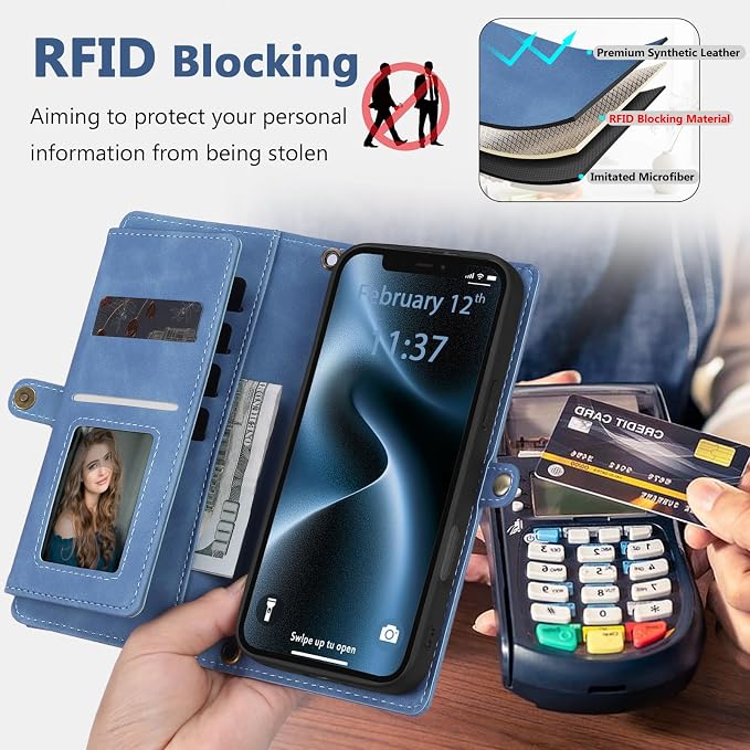 Wallet Case for iPhone 12/12 Pro with Card Holder/Crossbody Wallet/Strap| RFID Blocking | Magnetic | Kickstand | Detachable | PU Leather Phone Case for iPhone 12/12 Pro,6.1 in,Sky Blue