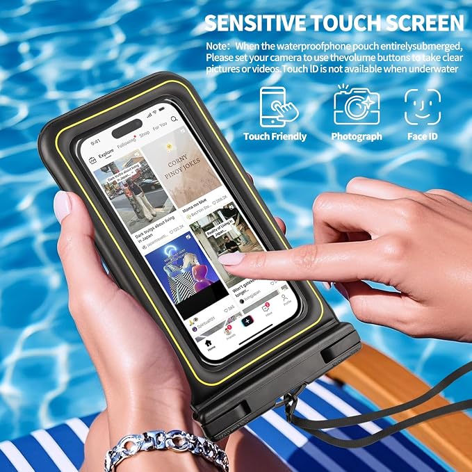 Waterproof Phone Pouch, IPX8 Floating Waterproof Phone Case Fits 7″ Phones, Letter Design Waterproof Bag Cruise Ship Travel Beach Essentials（Black