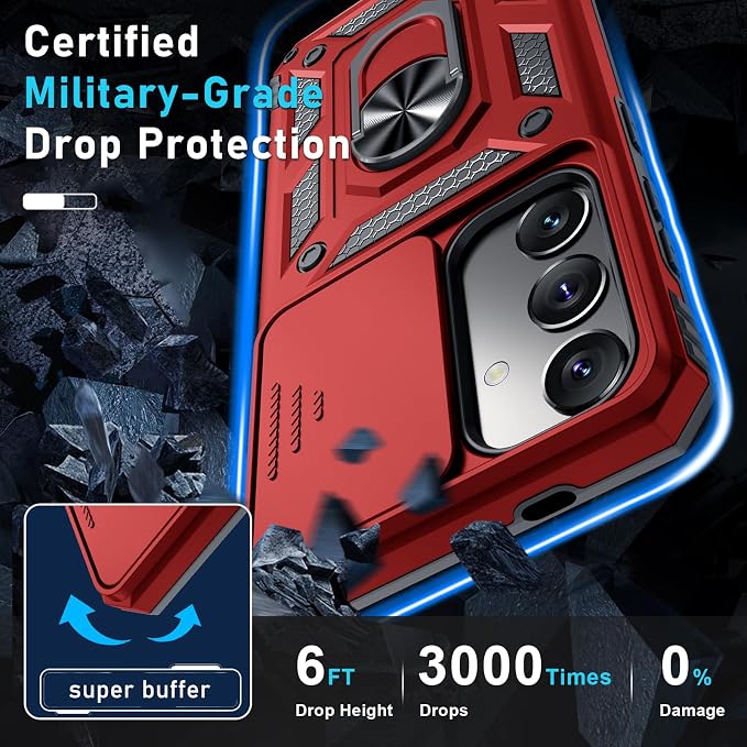 Janmitta Compatible with Samsung Galaxy S25 Plus/S24 Plus Case Built in Slide Camera Lens Cover+Screen Protector+Finger Ring Holder Kickstand,Heavy Duty Shockproof Full Body Phone Cover,Red