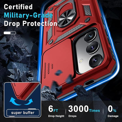 Janmitta Compatible with Samsung Galaxy S25 Plus/S24 Plus Case Built in Slide Camera Lens Cover+Screen Protector+Finger Ring Holder Kickstand,Heavy Duty Shockproof Full Body Phone Cover,Red