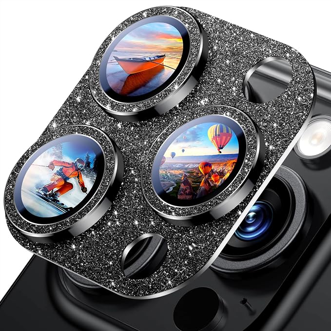 Uyiton Compatible with iPhone 16 Pro/iPhone 16 Pro Max Camera Lens Protector - [Not Easy to Break][Strong Adsorption][Case-Friendly] Metal Tempered Glass Rear Camera Screen Cover - Glitter Black