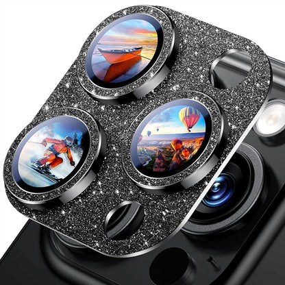 Uyiton Compatible with iPhone 16 Pro/iPhone 16 Pro Max Camera Lens Protector - [Not Easy to Break][Strong Adsorption][Case-Friendly] Metal Tempered Glass Rear Camera Screen Cover - Glitter Black