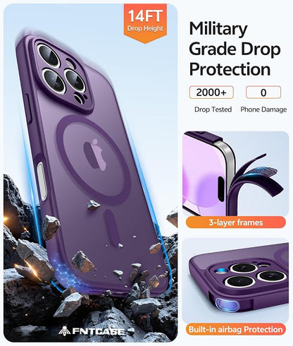 FNTCASE for iPhone 16 Pro Max Case: [Compatible with Magsafe] Translucent Matte Cases with [Full Camera Protection] [Screen Protector] Military Grade Shockproof Protective Phone Cover - Purple