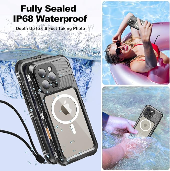 WIFORT for iPhone 16 Pro Max Waterproof Case - Metal Heavy Duty [Built-in Screen Protector] [14FT Military Shockproof] [Fit for MagSafe], IP68 Full Body Rugged Water Proof Magnetic Cover, 6.9" Black
