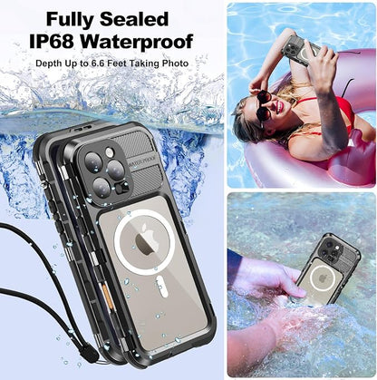 WIFORT for iPhone 16 Pro Max Waterproof Case - Metal Heavy Duty [Built-in Screen Protector] [14FT Military Shockproof] [Fit for MagSafe], IP68 Full Body Rugged Water Proof Magnetic Cover, 6.9" Black