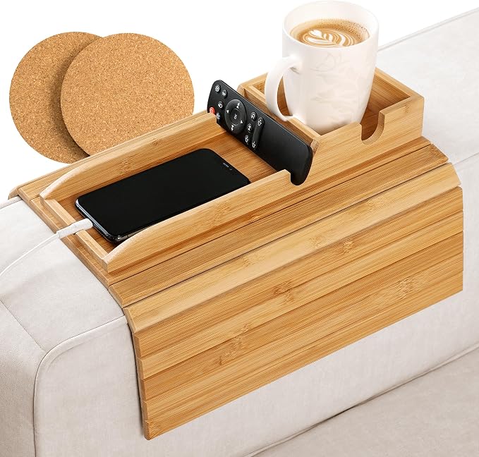 Bamboo Sofa Arm Tray Table with Cup Holder & 2 Cork Coasters, Phone Slot & Charging Cable Holder, Foldable Couch Arm Tray with Non Slip Base, Couch Cup Holder for Drinks, Remote, Snacks