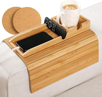 Bamboo Sofa Arm Tray Table with Cup Holder & 2 Cork Coasters, Phone Slot & Charging Cable Holder, Foldable Couch Arm Tray with Non Slip Base, Couch Cup Holder for Drinks, Remote, Snacks