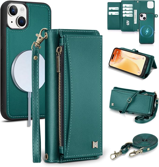 Wallet Case for iPhone 15 with Card Holder/Crossbody Wallet/Strap| RFID Blocking | Magnetic | Kickstand | Detachable | PU Leather Phone Case for iPhone 15,6.1 in,Green