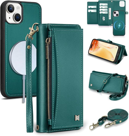 Wallet Case for iPhone 15 with Card Holder/Crossbody Wallet/Strap| RFID Blocking | Magnetic | Kickstand | Detachable | PU Leather Phone Case for iPhone 15,6.1 in,Green