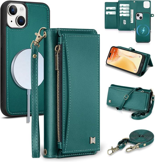 Wallet Case for iPhone 15 with Card Holder/Crossbody Wallet/Strap| RFID Blocking | Magnetic | Kickstand | Detachable | PU Leather Phone Case for iPhone 15,6.1 in,Green