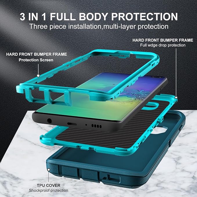for Samsung Galaxy S10 Plus Case, with 2Pcs [Self Healing Flexible TPU Screen Protector & Camera Lens Protector] Military Grade 3 in 1 Heavy Duty Case for Galaxy S10 Plus (Blue/Turquoise)