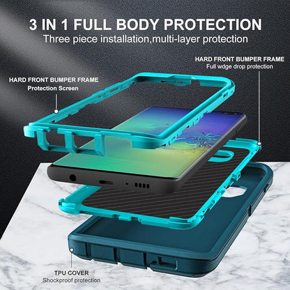 for Samsung Galaxy S10 Plus Case, with 2Pcs [Self Healing Flexible TPU Screen Protector & Camera Lens Protector] Military Grade 3 in 1 Heavy Duty Case for Galaxy S10 Plus (Blue/Turquoise)