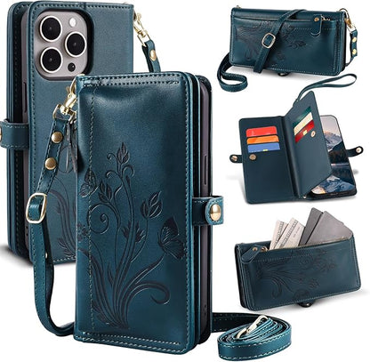 Lacass for iPhone 16 Pro Max Case Wallet,[Cards Theft Scan Protection] Card Holder Zipper Leather Flip Cover Crossbody Wrist Strap with Stand (Floral Cyan Green)