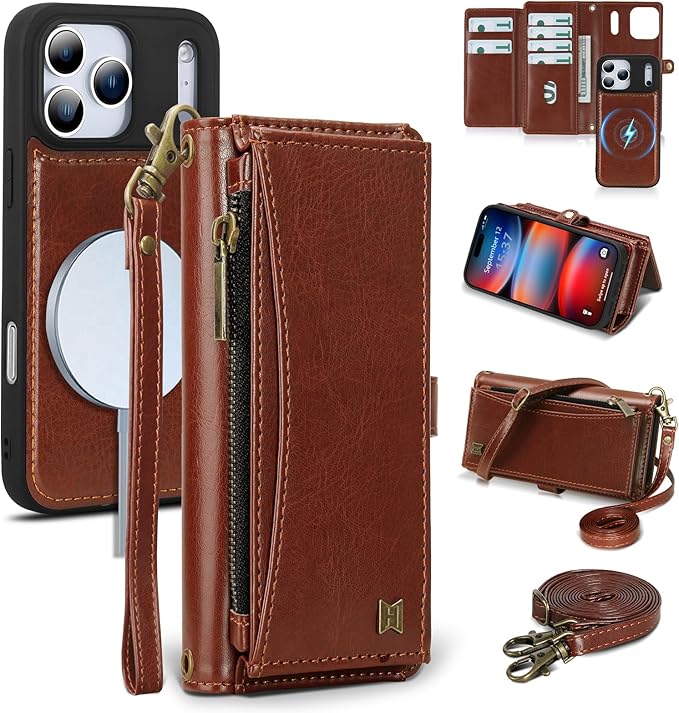 Wallet Case for iPhone 17 Pro Max with Card Holder/Crossbody Wallet/Strap,[RFID Blocking][Magnetic] PU Leather Phone Case for iPhone 17 Pro Max,6.9 in,Brown