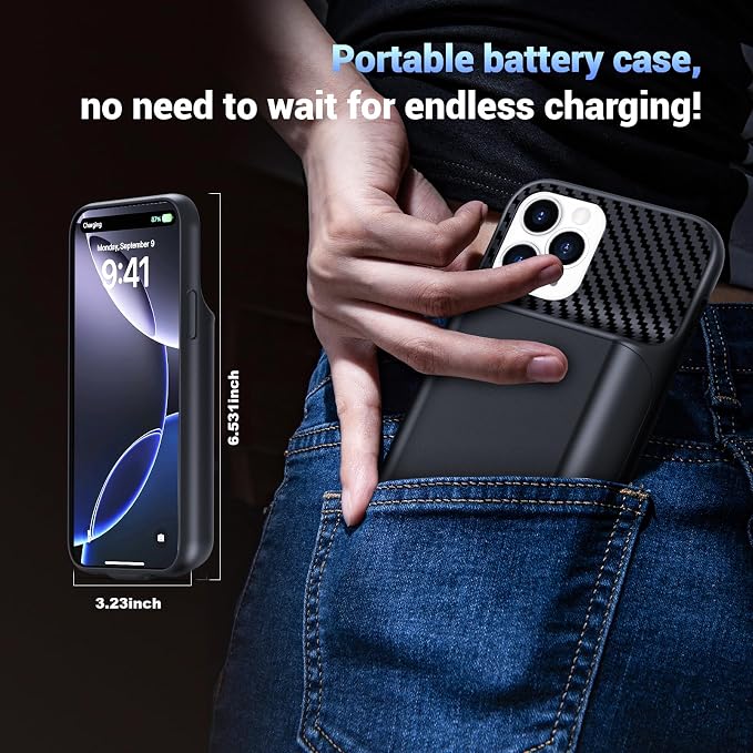 Battery Case for iPhone 16 Pro Max (6.9 inch), 2026 Upgraded High Capacity 13800mAh Battery Pack Rechargeable Charger External Charging Case with Tempered Glass Screen Protector Black