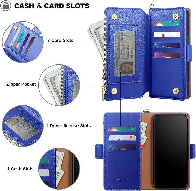 Antsturdy Compatible with iPhone 12 Wallet Case,RFID Blocking PU Leather Phone Case Women Men Kickstand Flip Cover Wrist Strap Zipper Credit Card Holder Slots,for Apple 12 Pro 6.1",Purple Blue