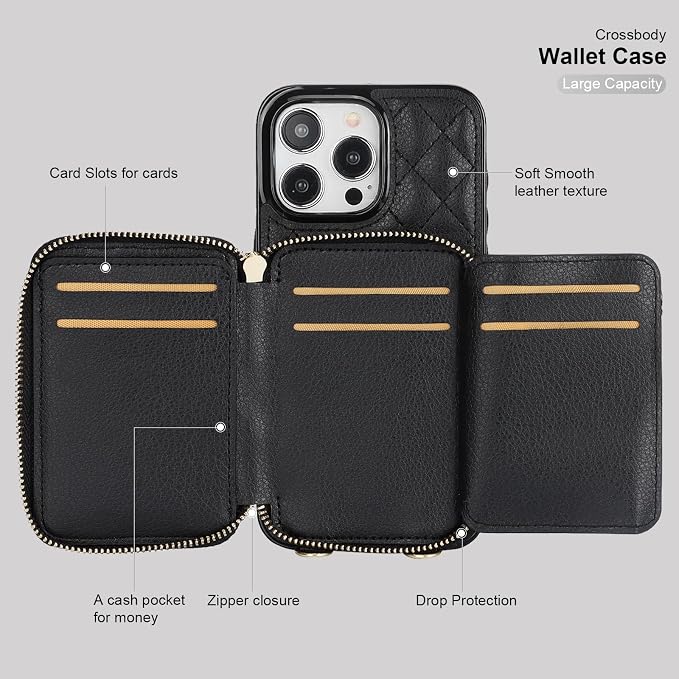 Bocasal Crossbody Wallet Case for iPhone 15 Pro Max, RFID Blocking PU Leather Zipper Handbag Purse Flip Cover, Kickstand Folio Case with Card Slots Holder Wrist Strap Lanyard 5G 6.7 Inch (Black)