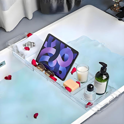 Resze Premium Clear Bathtub Caddy Tray, Expandable Plastic Bath Tray with BPA-Free, Waterproof Foldable Bathtub Shelf, Perfect for a New Home & Mother’s Day & a Birthday Gift for Mom