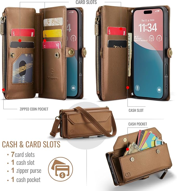 Strapurs Wallet Case Compatible with iPhone 16 6.1" RFID Blocking 7-Card Holder Soft PU Leather Magnetic Snap Shoulder Strap Zipper Pocket Phone Case Fit for iPhone 16 for Women - Brown