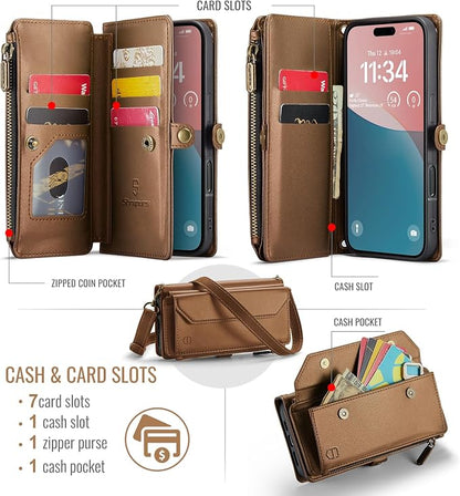 Strapurs Wallet Case Compatible with iPhone 16 6.1" RFID Blocking 7-Card Holder Soft PU Leather Magnetic Snap Shoulder Strap Zipper Pocket Phone Case Fit for iPhone 16 for Women - Brown