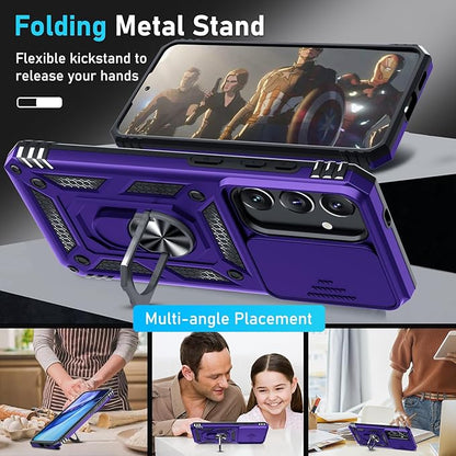 Janmitta Compatible with Samsung Galaxy S25 Plus/S24 Plus Case Built in Slide Camera Lens Cover+Screen Protector+Finger Ring Holder Kickstand,Heavy Duty Shockproof Full Body Phone Cover,Purple