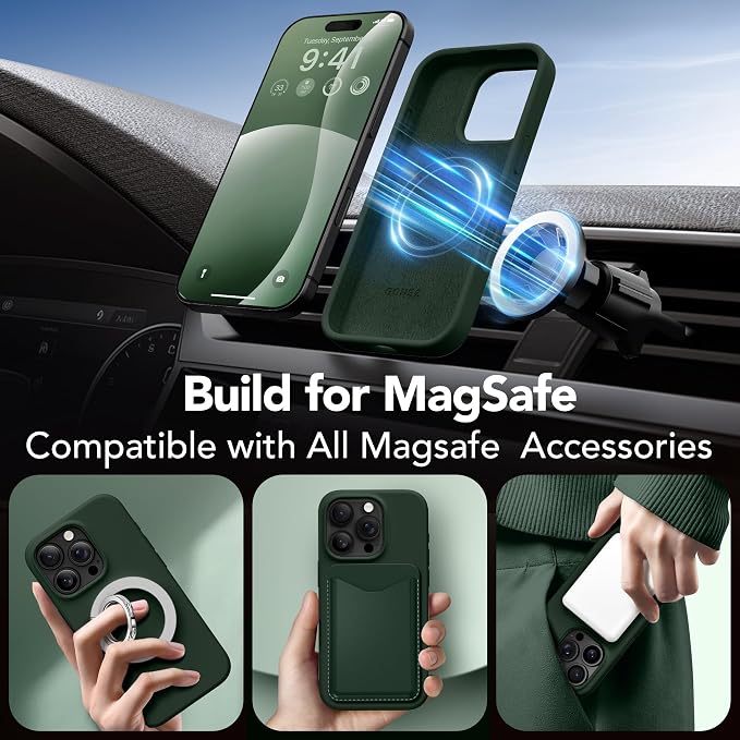 GONEZ Magnetic for iPhone 16 Pro Max Case, Compatible with MagSafe, Liquid Silicone Case, with Screen Protector + Camera Protector, Full Body Protective Shockproof Phone Cover 6.9", Dark Green