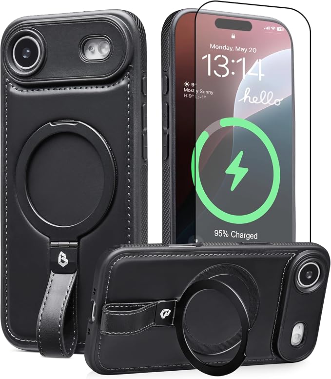 for iPhone Air Leather Case with Stand, Anti-Slip Grip Ring, Fits for MagSafe (Black, iPhone Air)