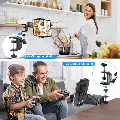 iPad Under Cabinet Mount, Kitchen Tablet Mount Holder, iPad Desk Mount w/Clamp, Aluminum Base&Metal Arm, 360° Rotation, Compatible with 4.7"-12.9" iPad Pro/Air/Mini/Kindles/Galaxy Tab/Phones