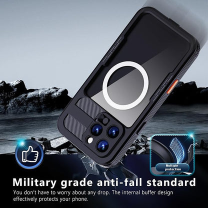 Omio for iPhone 16 Pro Max Waterproof Case Compatible with MagSafe, Magnetic Waterproof Full Body IP68 Underwater Case Built-in Screen Protector Military Grade Shockproof Case for Men Women Black