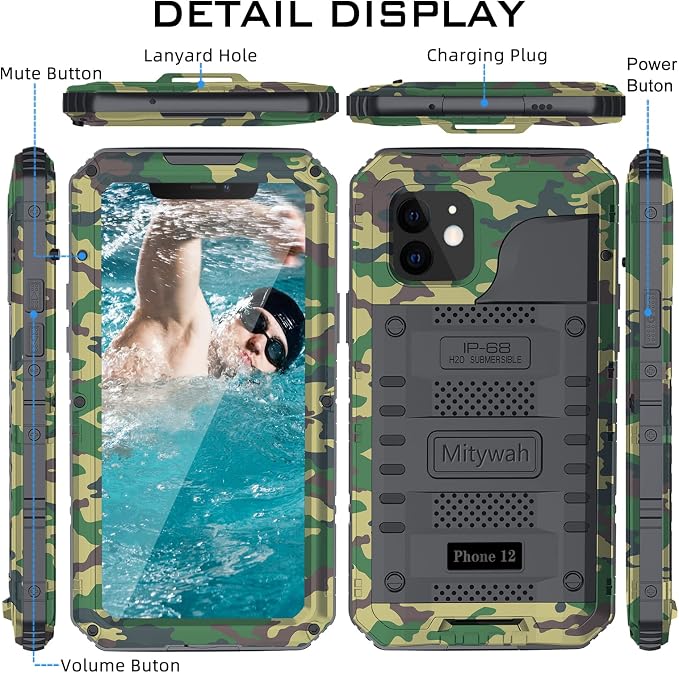 Mitywah Waterproof Case for iPhone 12, Heavy Duty Shockproof Case with Built-in Screen Protector, Full Body Underwater Protective Metal Case 6.1 inch, Camouflage