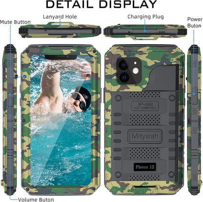 Mitywah Waterproof Case for iPhone 12, Heavy Duty Shockproof Case with Built-in Screen Protector, Full Body Underwater Protective Metal Case 6.1 inch, Camouflage