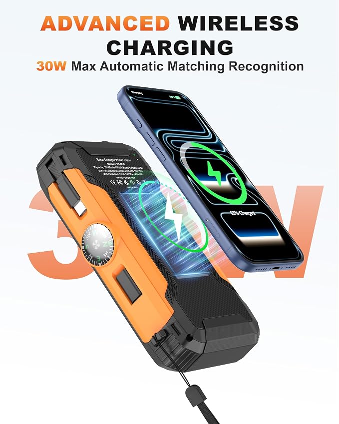 Solar Power Bank with Hand Crank and Retractable Cables, 20000mAh Wireless Portable Charger with USB-C & Camping Light, 25W Fast Charging Battery Pack for iPhone, iPad, Samsung, All Mobile Phones