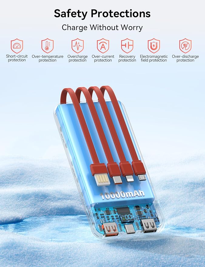 Portable Charger, 10000mAh 22.5W Fast Charging Power Bank with 4 Built-in Cables, Travel Essentials Battery Pack with LED Display, 6 Outputs Charging Bank Compatible with iPhone, iPad, Samsung etc Red