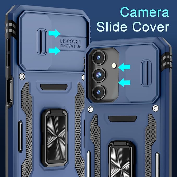 DEERLAMN Case for Samsung Galaxy A15 5G with Slide Camera Cover+Screen Protector (1 Pack), Rotated Ring Kickstand Military Grade Shockproof Protective Cover-Navy Blue