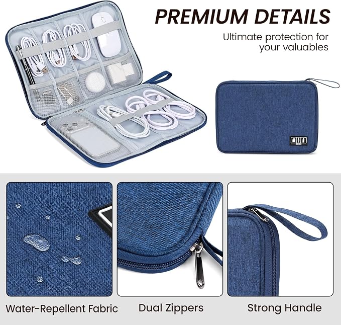 Large Slim Cable Organizer Travel Case, Single-Layer Electronic Accessories Pouch for Chargers, Cords, Power Bank, Mouse and SD Cards, 12.6 x 9.45 x 1.57 Inches